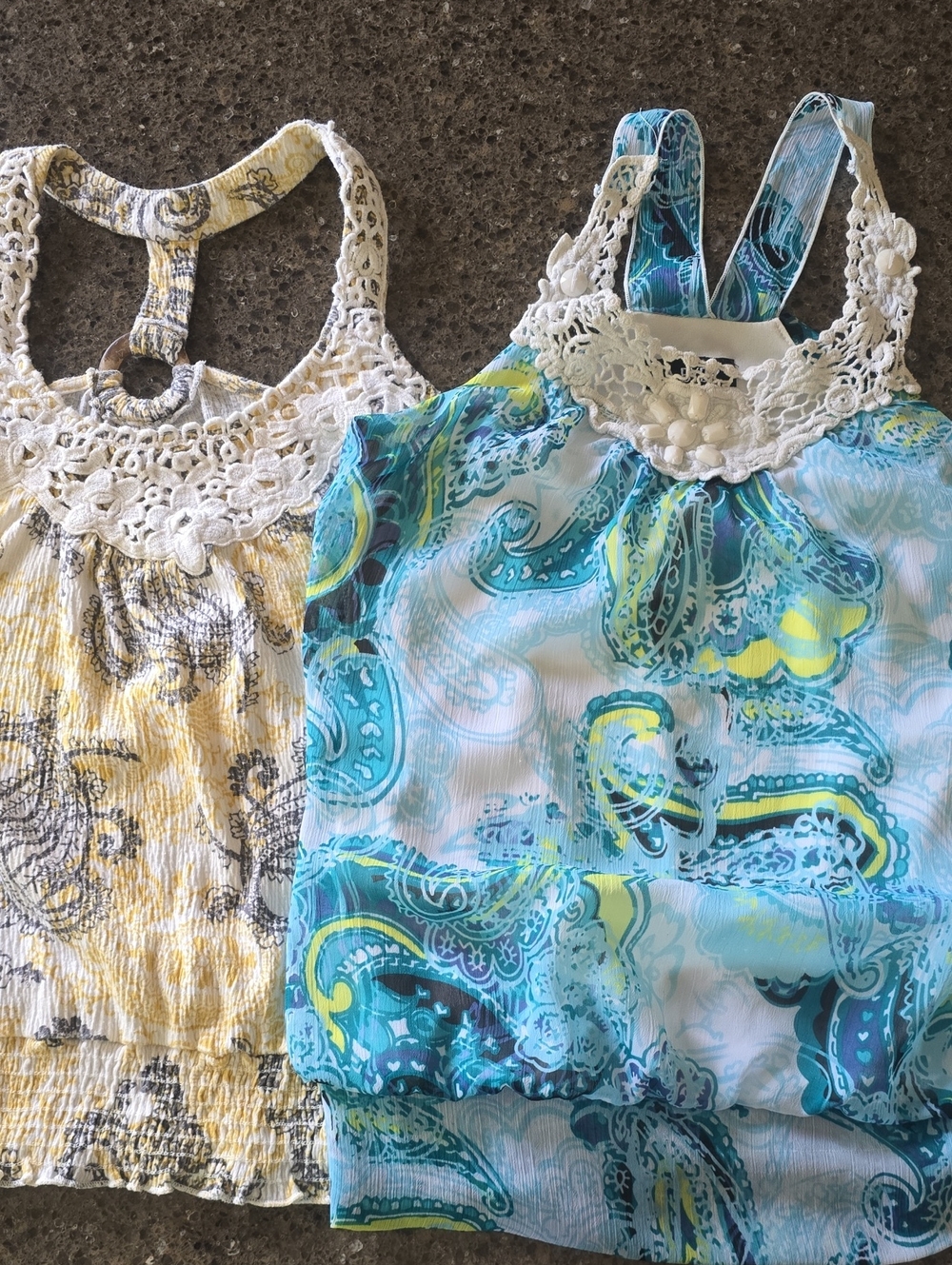 2 SmTops, Blue/Teal Paisley Lined Tank Top & gray/gold T Tank , with Crochet